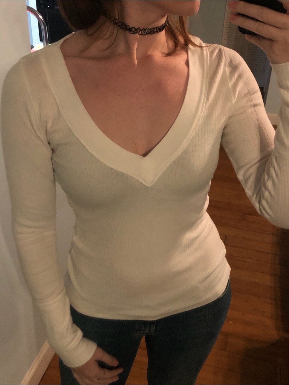 Free People Cream Ribbed Long Sleeve V-Neck Tee